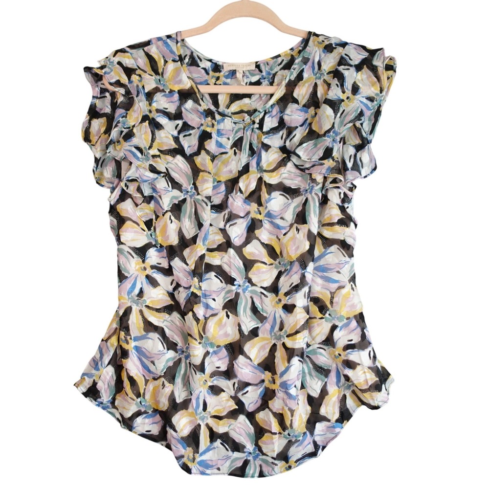 Rebecca Taylor Silk Floral Top Womens XL Black Pink Ruffle‎ Boho Quiet Luxury